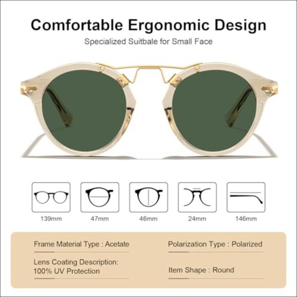Acetate Polarized Sunglasses for Women Retro Round Eyewear